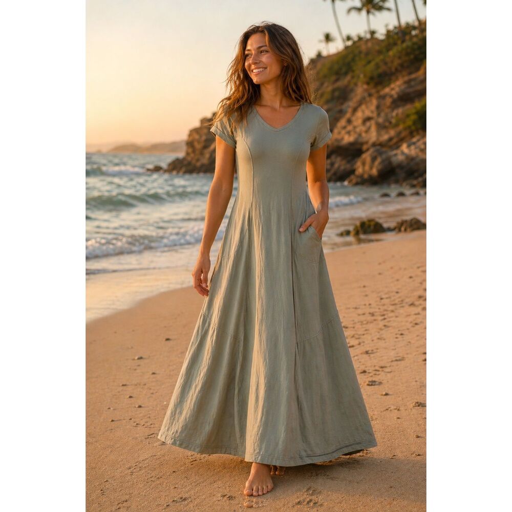 Free People FP Beach Womens Olive Green Cotton Short Sleeve V-Neck Maxi Dress Si
